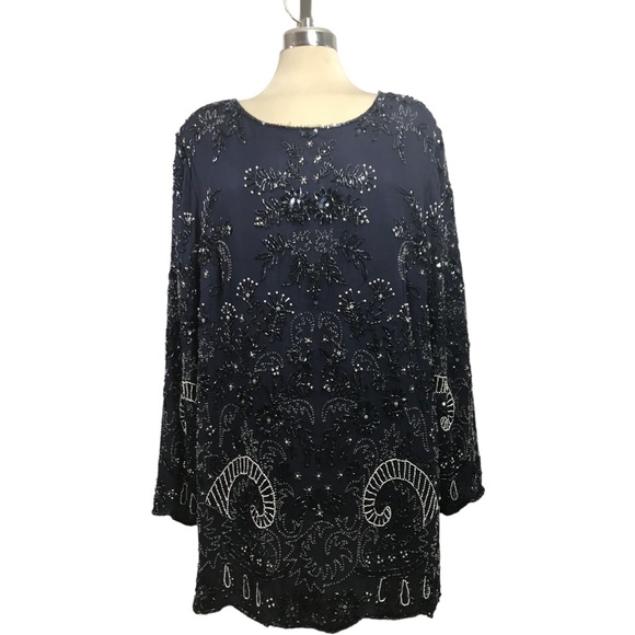 CANDLELIGHT & Champagne Beaded  Dark Blue Elegant Designed  100% Silk - Picture 14 of 17